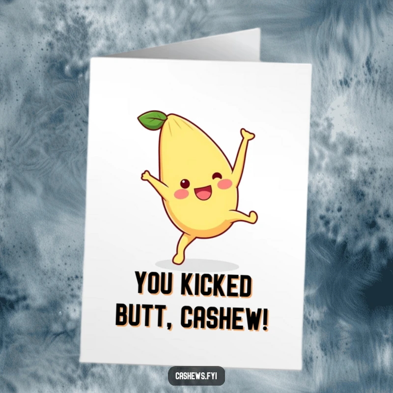 Funny Free Printable Congratulations Card showcasing a happy kawaii cashew doing a cartwheel, celebrating achievements with pure excitement.