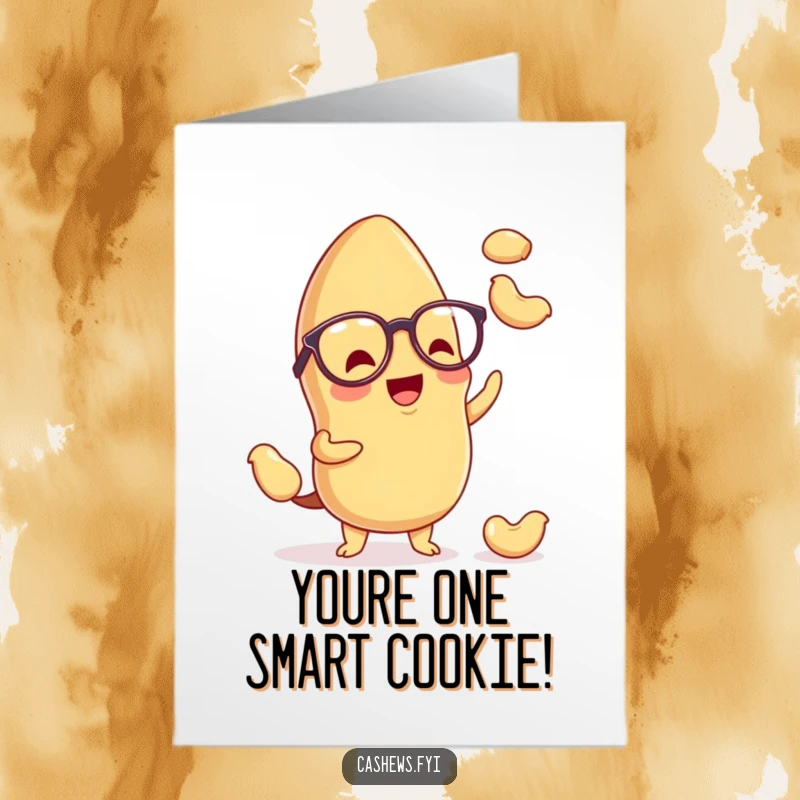 Funny Free Printable Congratulations Card: A kawaii cashew wearing spectacles excitedly juggling nuts, celebrating smart success.