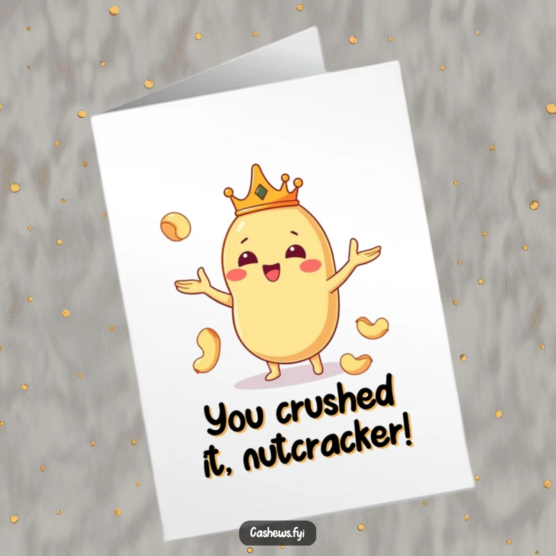 Funny Free Printable Congratulations Card: Kawaii cashew king juggling nuts, celebrating success with a crown, DIY downloadable.