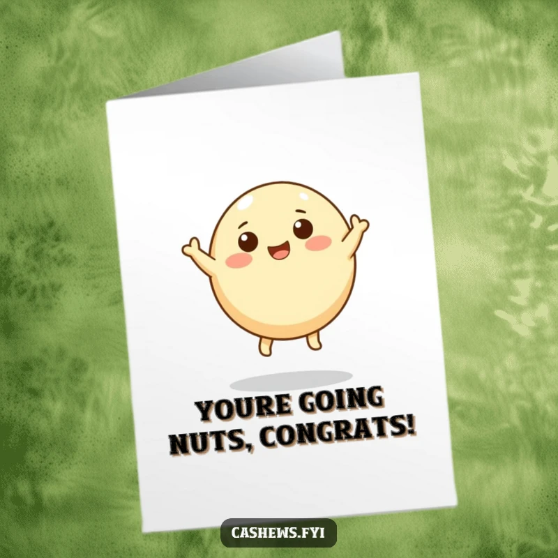Funny Free Printable Congratulations Card: A happy cashew character with tiny legs leaps joyfully upwards, celebrating your success.