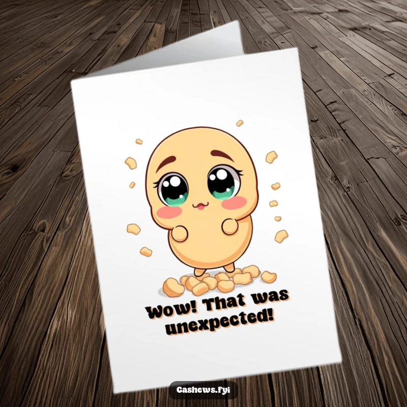 Funny Free Printable Congratulations Card: A cashew wide-eyed surprised by a shower of smaller cashew bits, celebrating surprise success.