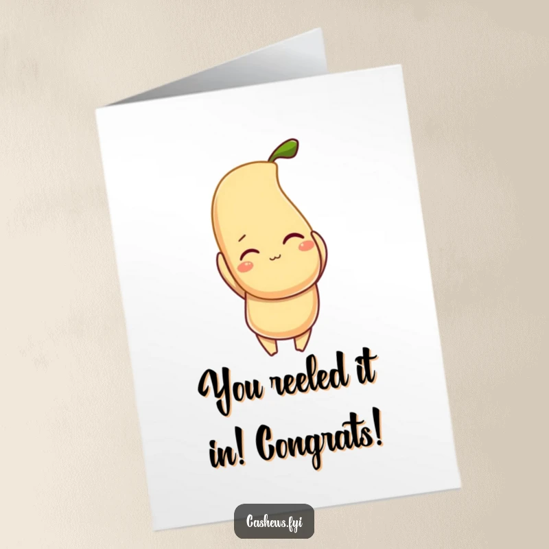 Funny Free Printable Congratulations Card: A winking cashew character proudly holds aloft a bright cashew, celebrating success with a grin.