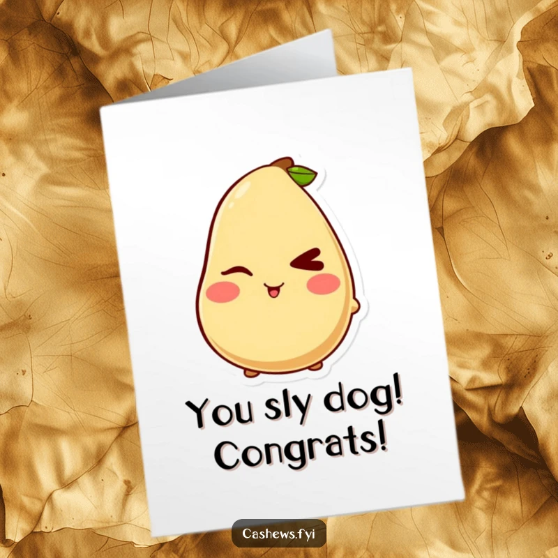 Funny Free Printable Congratulations Card with a kawaii cashew character giving a sly wink and a charmingly rosy blush.