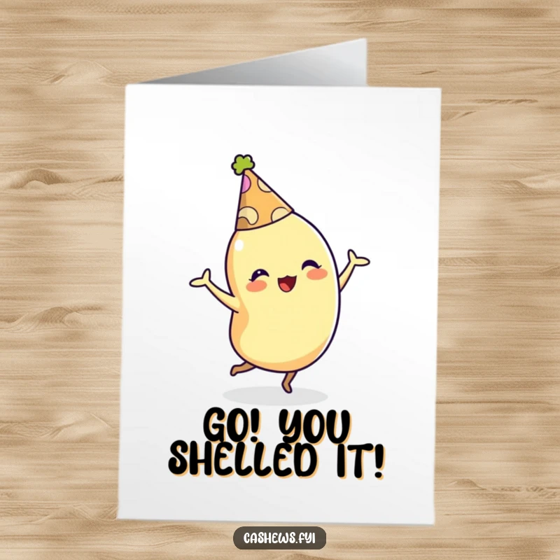 Funny free printable congratulations card of a cashew character in a party hat dancing with exuberant enthusiasm.