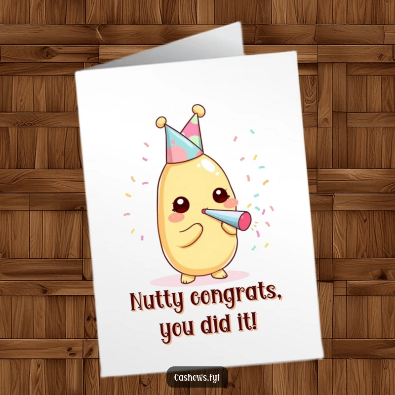 Funny free printable congratulations card showing a kawaii cashew joyfully popping a confetti popper for a celebration.