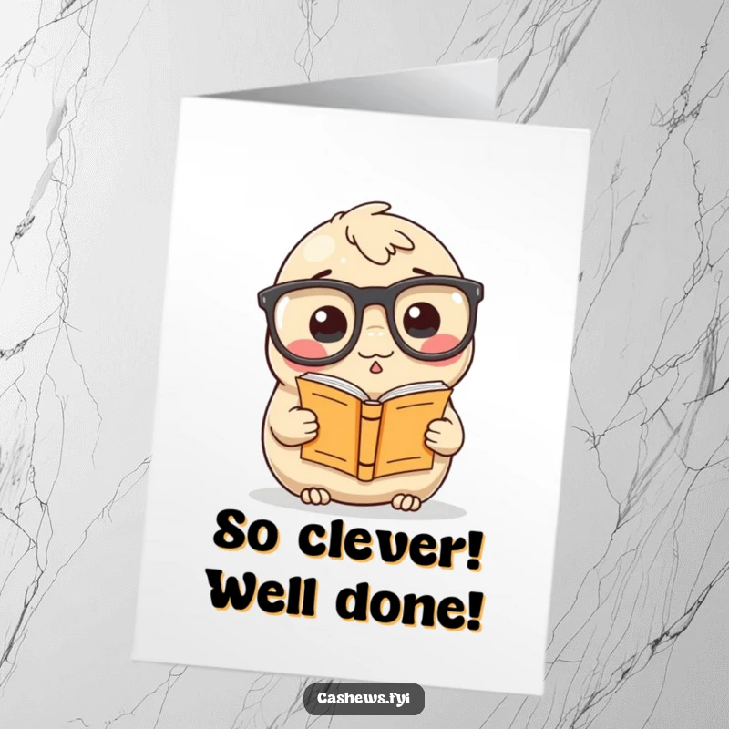 Funny Free Printable Congratulations Card: Cashew wearing oversized glasses, engrossed in a tiny book, signifying intellectual achievement with humor.