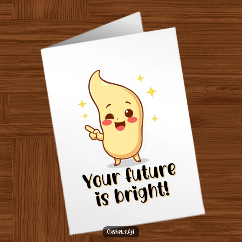 Funny free printable congratulations card showing a cashew character pointing with excitement at a visualized sparkling cashew.