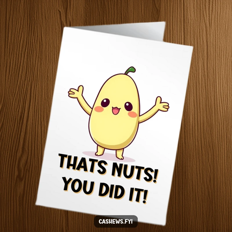 Funny Free Printable Congrats Card: A kawaii cashew character raising arms in delighted surprise. A cute downloadable gift.