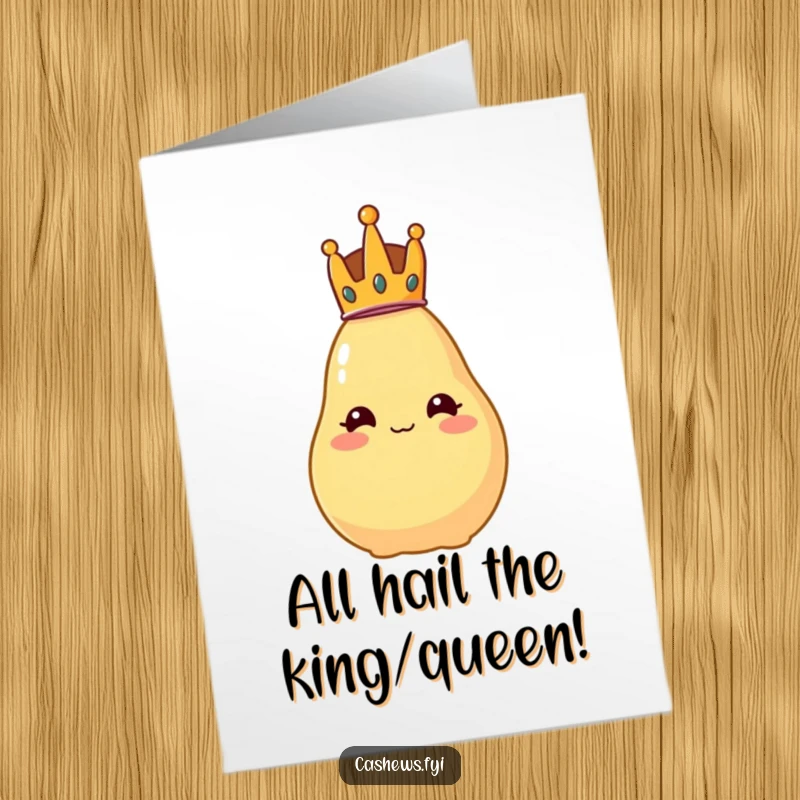 Funny Free Printable Congratulations Card: A cashew wearing a small crown, looking regal but unsteady, celebrating a glorious victory.