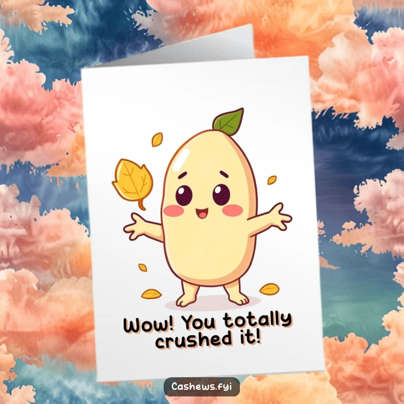 Funny Free Printable Congrats Card: Kawaii cashew character surprised by a falling leaf, arms wide open.