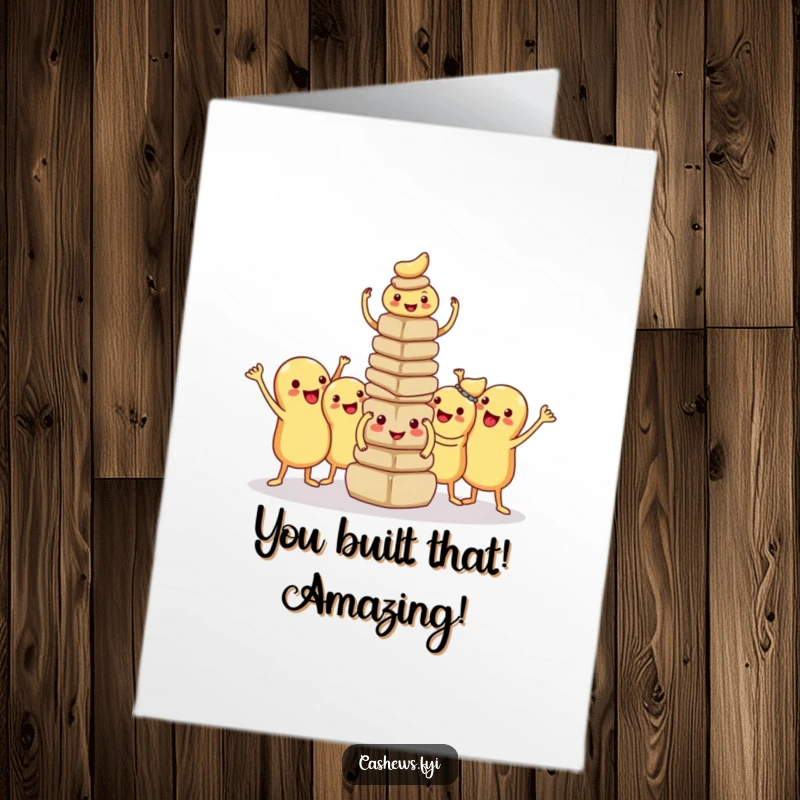 Funny Free Printable Congratulations Card: Kawaii cashews striking a proud pose after building a small tower, celebrating achievements.