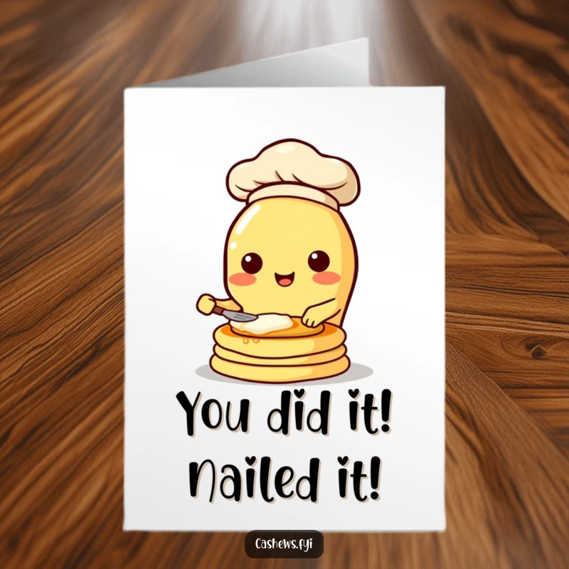 Funny Free Printable Congrats Card: Cashew chef triumphantly flips pancakes, wearing a chef hat with glee.