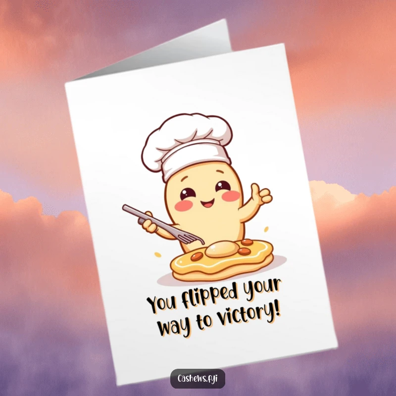 Funny Free Printable Congrats Card: A kawaii cashew chef dramatically flips a nutty pancake, showcasing skill.