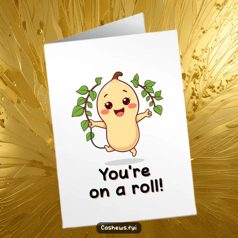 Funny Free Printable Congrats Card: Kawaii cashew character jumping rope with a vine, beaming with happiness.