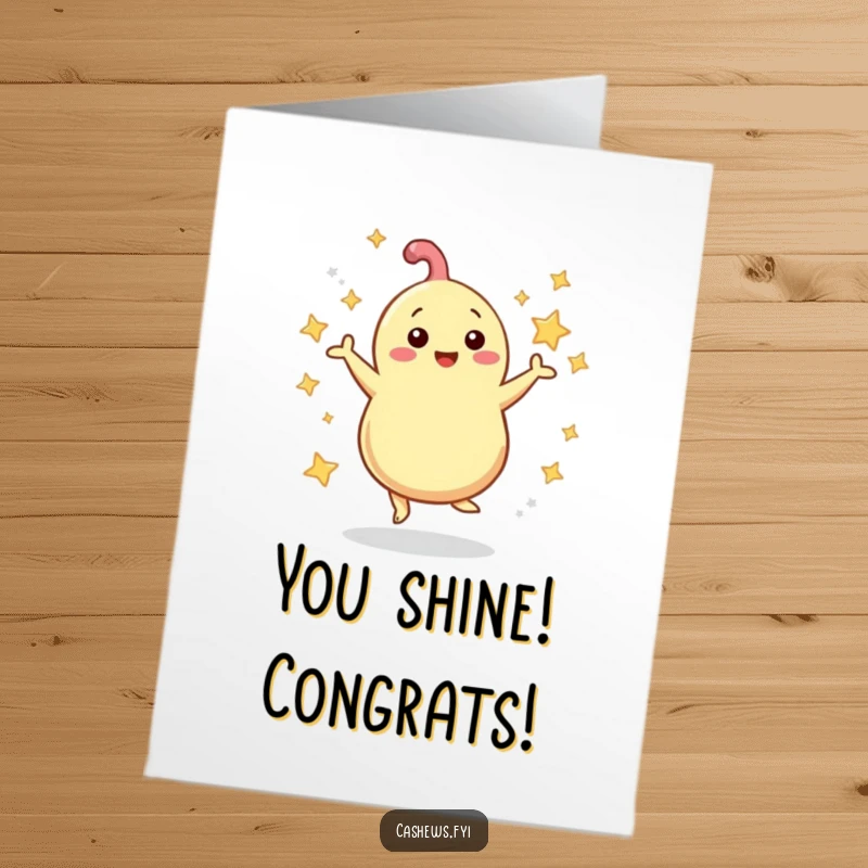 Funny Free Printable Congratulations Card: Cashew dancing joyfully amidst swirling stars, celebrating a fantastic achievement with energetic flair.