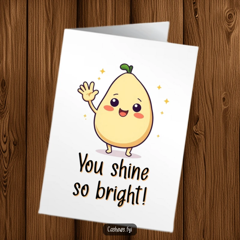 Funny Free Printable Congratulations Card: A kawaii cashew character waves enthusiastically, with starbursts indicating pure joy and celebration.
