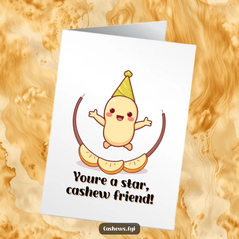 Funny Free Printable Congratulations Card: A cashew in a party hat happily jumping through a hoop of cashew halves, celebrating success.