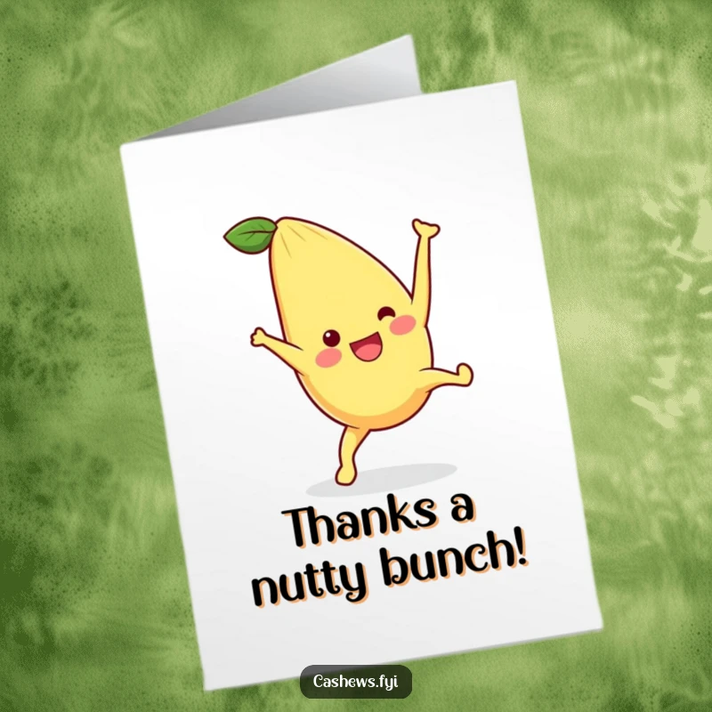 Funny Free Printable Thank You Card with a kawaii cashew character performing an ecstatic cartwheel to express gratitude.