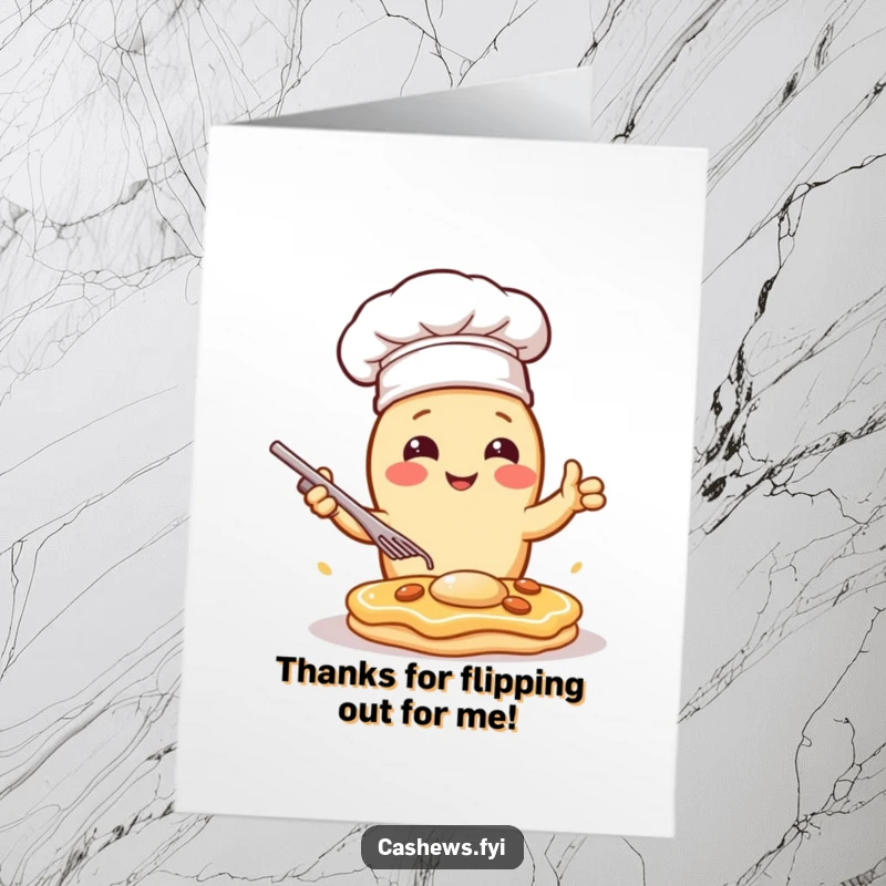 Funny Free Printable Thank You Card: A cashew chef wearing a hat expertly flips a pancake with dramatic flair.