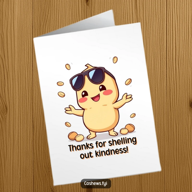 Funny Free Printable Thank You Card: A cool cashew in sunglasses masterfully juggles tiny nuts with a satisfied grin.