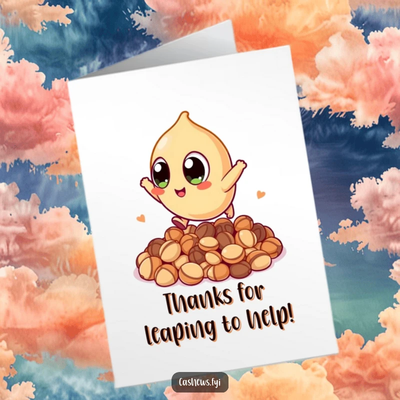 Funny Free Printable Thank You Card: A big-eyed kawaii cashew makes an impressive leap over a heap of nuts.
