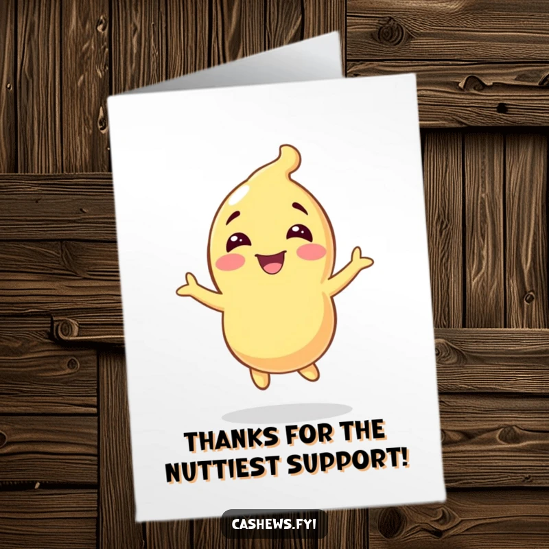 Funny Free Printable Thank You Card: Overjoyed cashew character bouncing with excitement, showing immense gratitude. Great downloadable art.