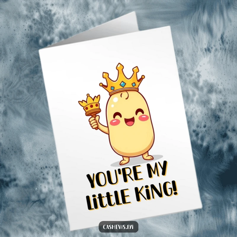 Funny Free Printable Thank You Card: Kawaii cashew character striking a triumphant pose holding a tiny crown, looking regal.