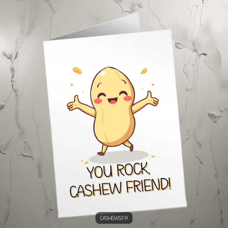 Funny Free Printable Thank You Card: A cashew is doing a delighted jig with arms outstretched, full of joy.