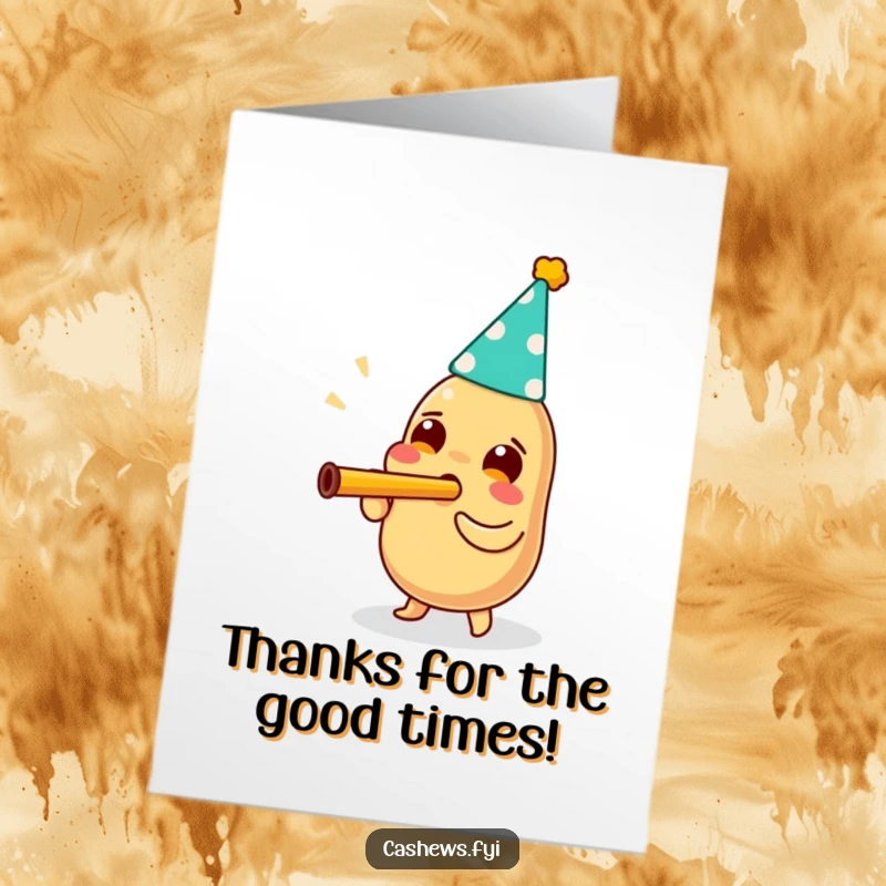 Funny Free Printable Thank You Card: A cashew wearing a party hat enthusiastically blows a kazoo with utter happiness.