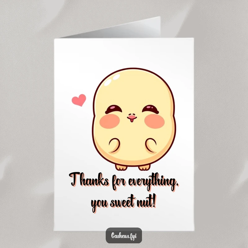 Funny free printable thank you card featuring a kawaii cashew character blowing a kiss and smiling.