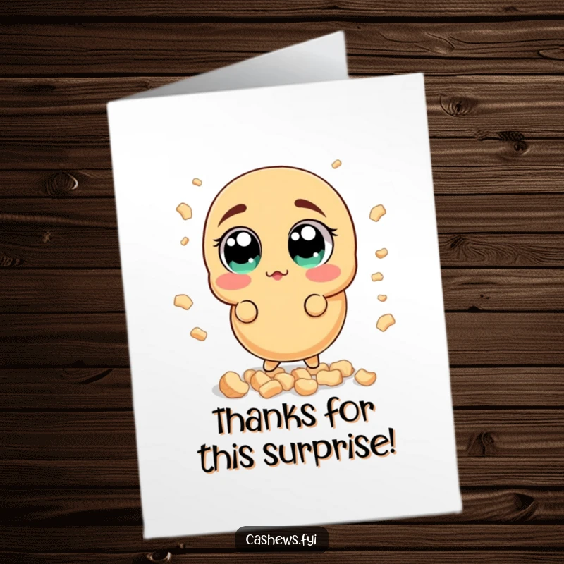 Funny Free Printable Thank You Card: A cashew wide-eyed surprised by a shower of smaller cashew bits, expressing thanks.