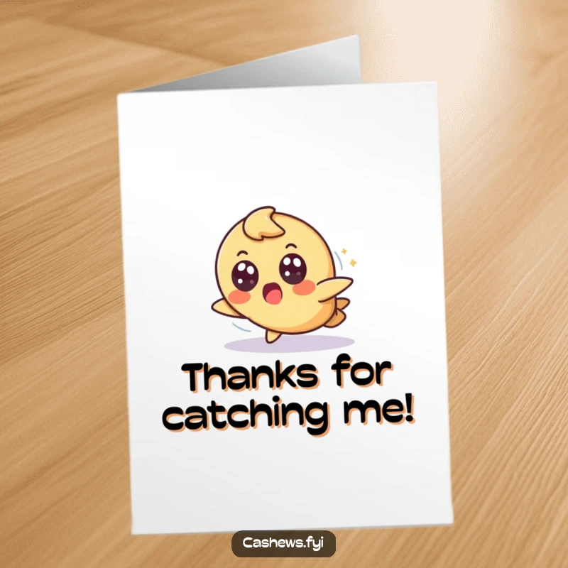 Funny Free Printable Thank You Card: A cashew character trips slightly but lands smoothly with wide, surprised eyes.