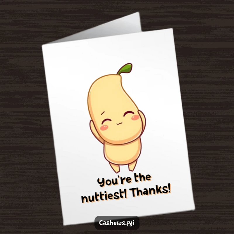 Funny Free Printable Thank You Card: A winking cashew character holds a glowing cashew, expressing heartfelt, nutty thanks with a smile.