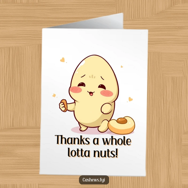 Funny free printable thank you card featuring a rosy-cheeked cashew dramatically swooning in adoration of a cashew snack.