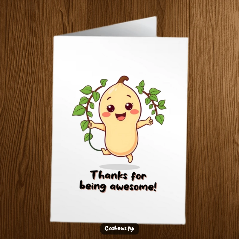 Funny Free Printable Thank You Card: Kawaii cashew character jumping rope with a vine, huge smile, energetic.