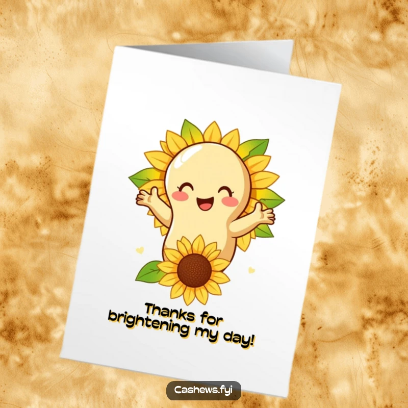 Funny Free Printable Thank You Card: A cashew nut embracing a sunflower, expressing thanks and warmth, a downloadable gift.