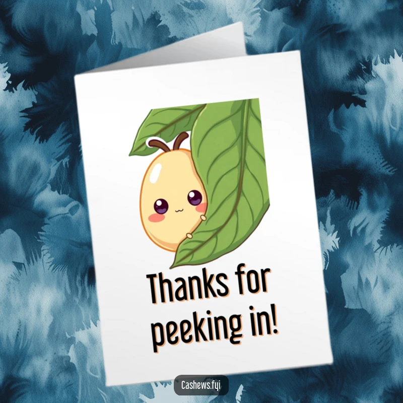 Funny Free Printable Thank You Card: A cashew with googly eyes peeking from behind a giant leaf, observing and expressing thanks humorously.