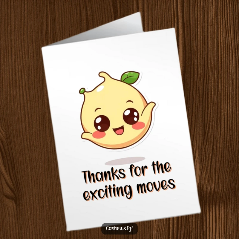 Funny free printable thank you card: a cheerful cashew performs a somersault, expressing thanks with joy.