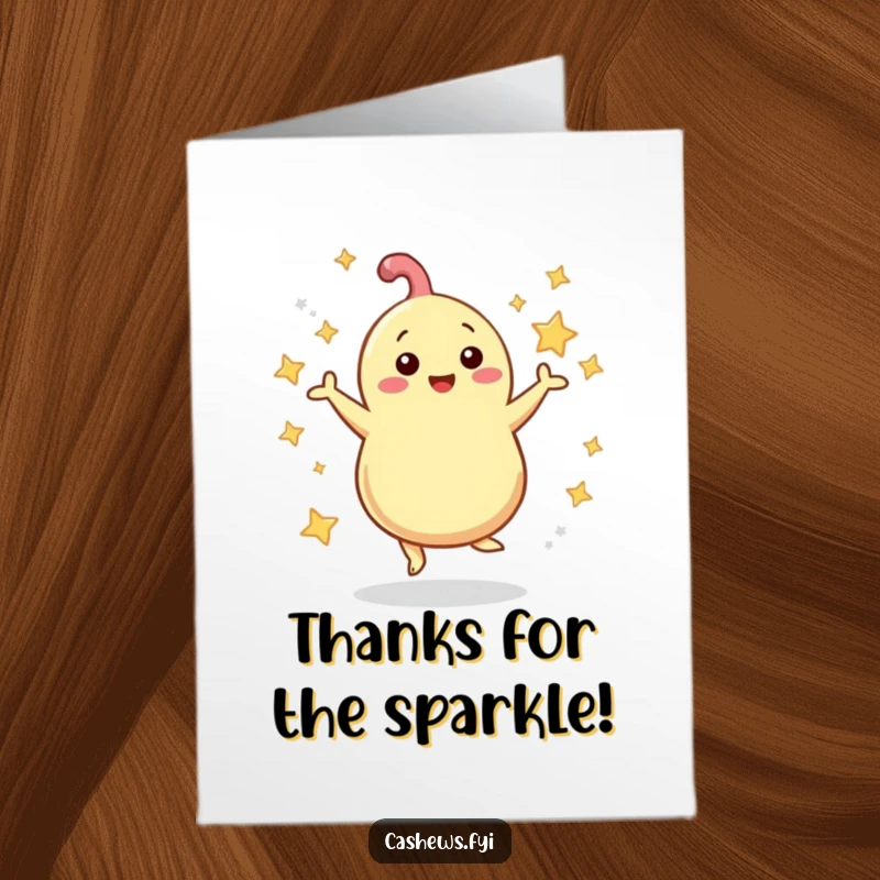 Funny Free Printable Thank You Card: A cashew dancing with stars swirling around, expressing thanks with a vibrant and joyful spirit.