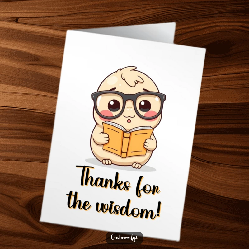 Funny Free Printable Thank You Card: A studious cashew in big glasses reading a tiny book, offering thanks with intellectual charm.