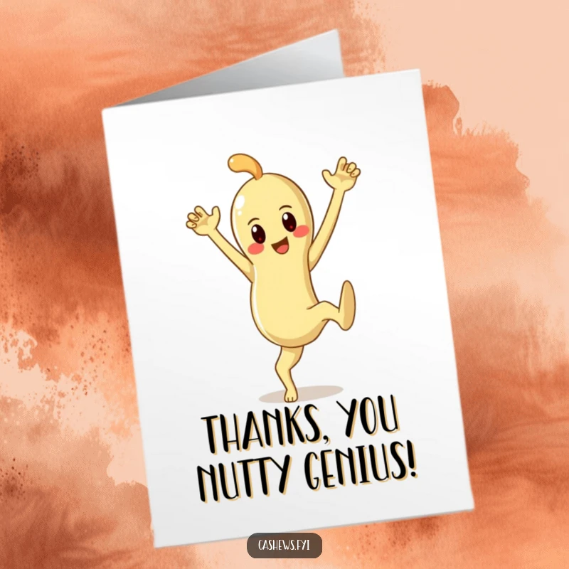 Funny free printable thank you card with a cashew character striking a dramatic pose, conveying thanks with dynamic energy.
