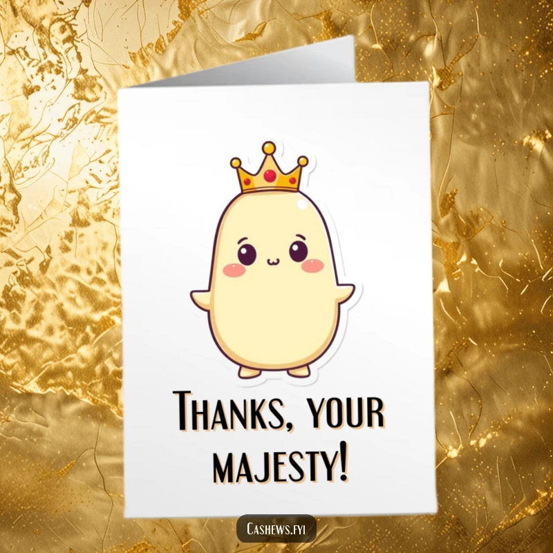 Funny Free Printable Thank You Card: A proud cashew wearing a crown, offering thanks like a king, a humorous downloadable art gift.