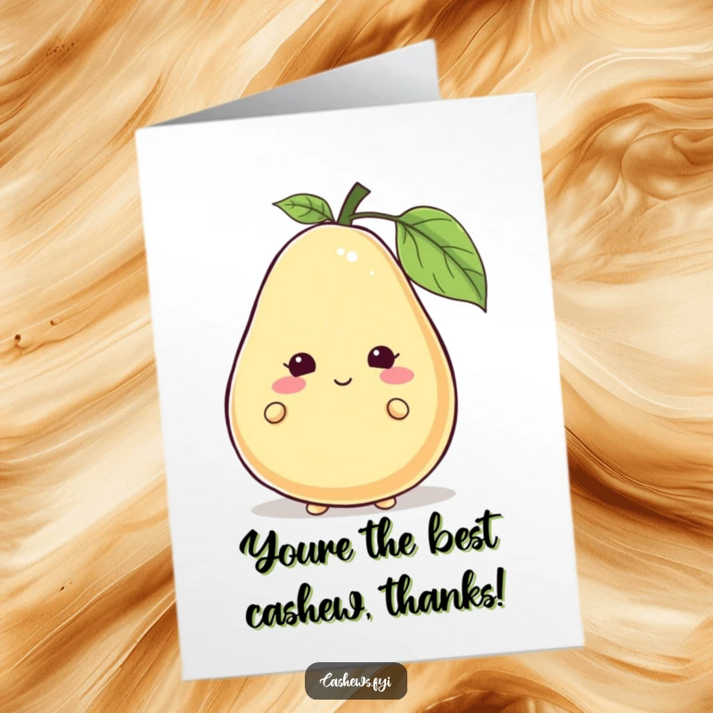 Funny Free Printable Thank You Card featuring a shy cashew character peeking from behind a big smiling cashew, conveying thanks sweetly.