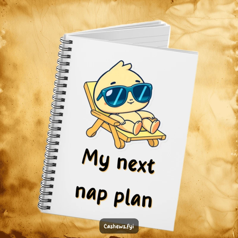 Funny cashew character in sunglasses lounging on a beach chair on a notebook cover, symbolizing relaxation, perfect funny gift.