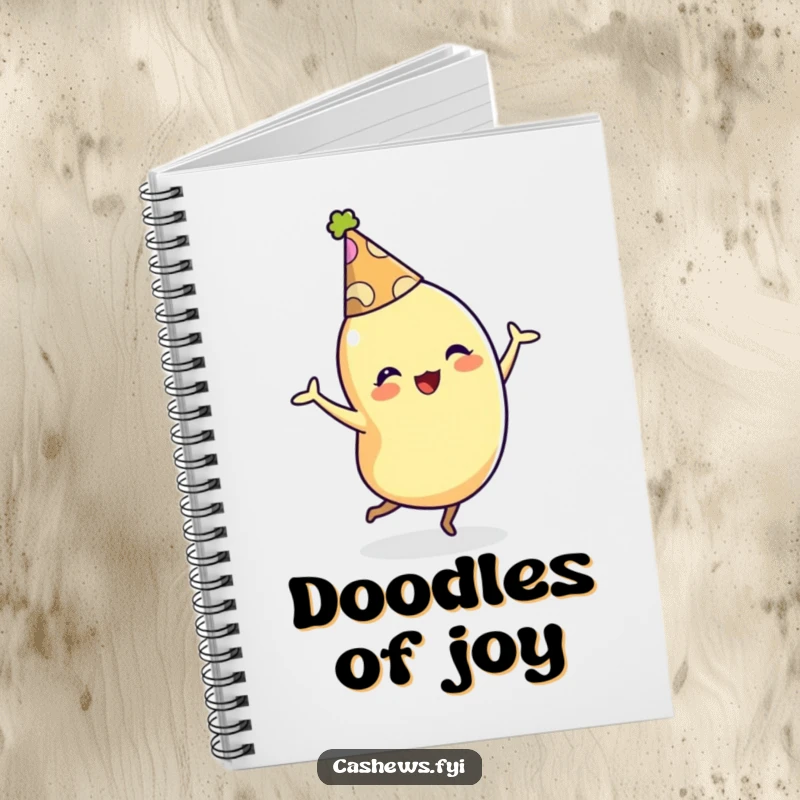 Funny notebook with a cashew character in a party hat dancing enthusiastically, perfect for jotting down festive ideas.