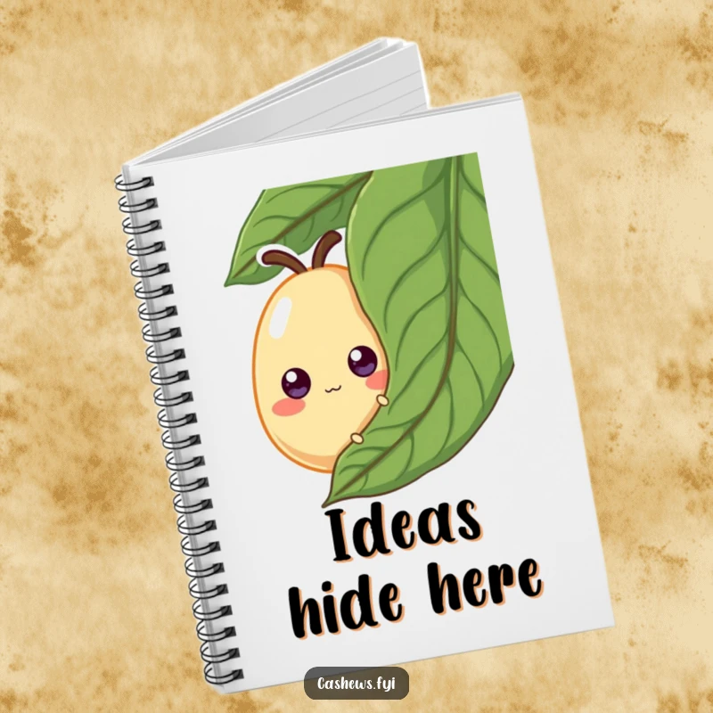 Funny Notebook: A cashew with googly eyes peeks from behind a leaf, ideal for jotting down notes with a playful and humorous touch.