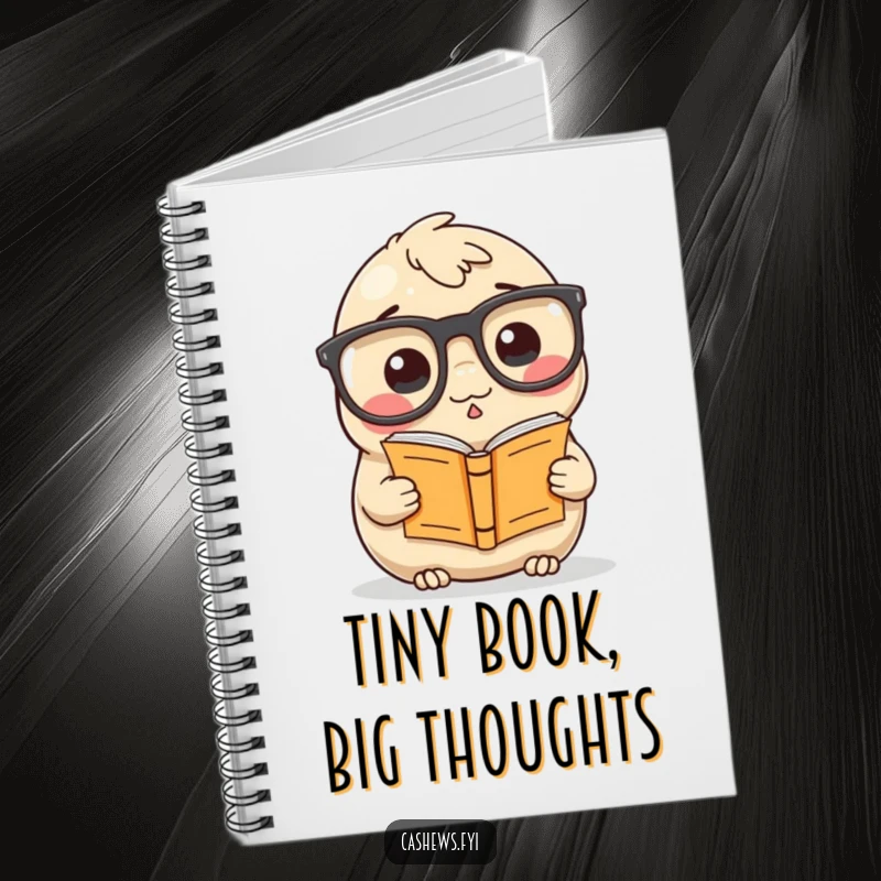 Funny Notebook: A cashew wearing oversized glasses reads a tiny book, ideal for jotting down thoughts with a scholarly, humorous touch.