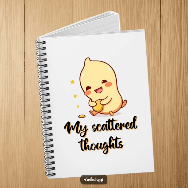 Funny notebook with a cashew character tripping, holding a broken cashew, and laughing, providing a humorous space for notes and ideas.