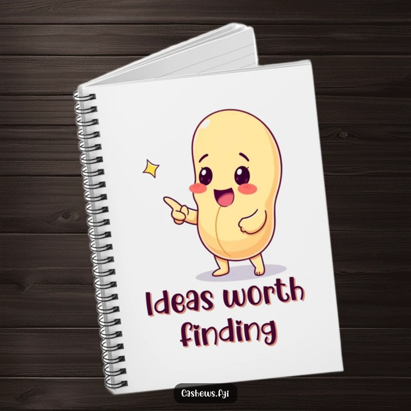 Funny notebook with an excited cashew nut pointing at a sparkling gem, ideal for recording discoveries and brilliant ideas.