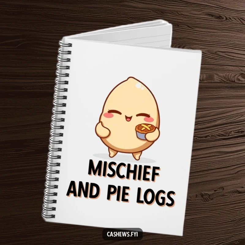 Funny notebook with a mischievous cashew nut winking and holding a tiny pie, ideal for jotting down sweet ideas and plans.